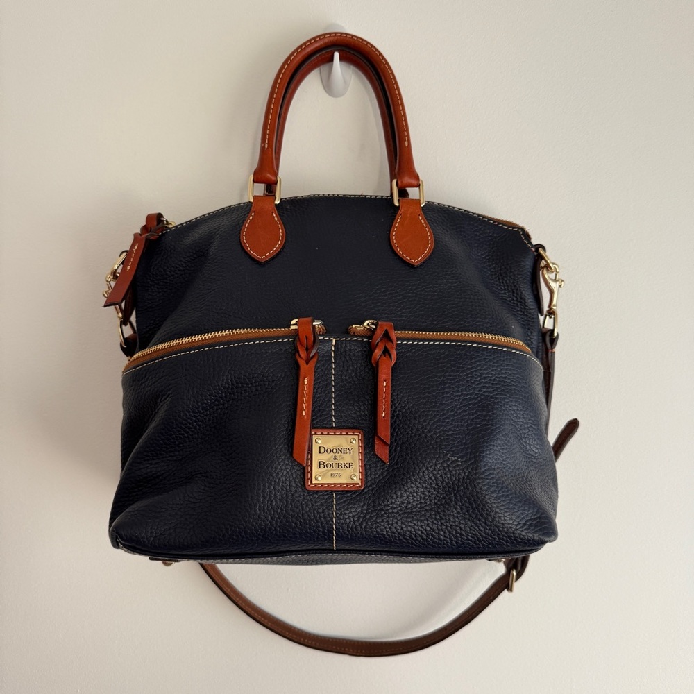 Dooney & Bourke Pebbled Dark Blue and Tan Leather Handbag